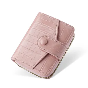 Pink stone pattern women's short wallet with snap closure and card slots large capacity