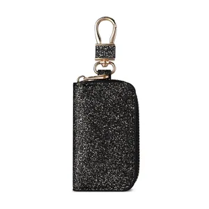 Astuccio per chiavi auto nero glitterato con gancio dorato, custodia in pelle lucida.