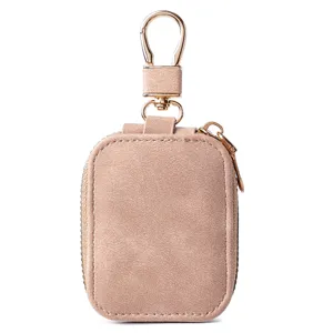 Solid color suede AirPods protective case with metal clasp and secure zipper closure.