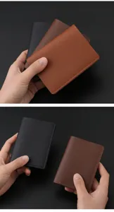 Detail view of minimalist leather card holder wallet showing fine stitching and multi-color options.