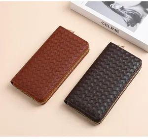 Woven long zipper wallet for women, large capacity multi card slot PU leather purse.
