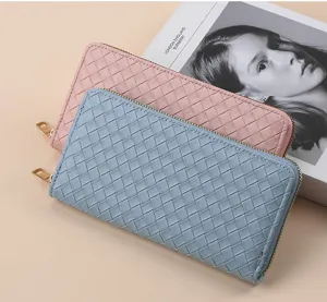 Women's woven long wallet zip around leather purse multiple card slots fashion clutch bag
