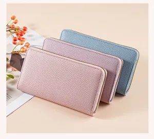 Long zipper wallet for women, soft leather clutch purse with card slots and ample capacity.