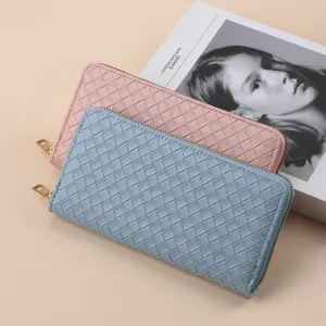 Women long woven zipper wallet large capacity fashion PU leather purse card holder pink blue