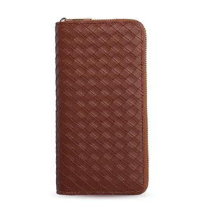 Brown woven leather long zip wallet for women, stylish large capacity purse, main view.