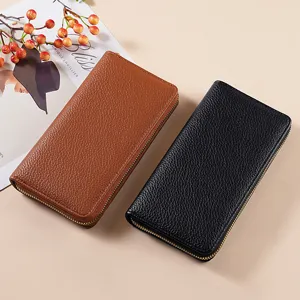 Classic litchi grain PU leather long zipper wallet for women, large capacity coin purse chic.