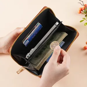 Long PU leather wallet for women with zipper, large capacity card holder and phone pocket.
