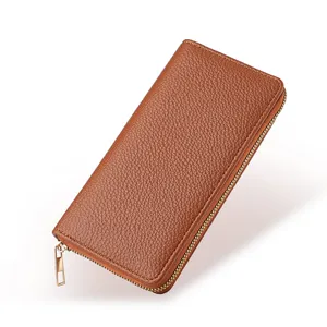 Women's long wallet brown pebble grain leather zip around large capacity coin purse chic