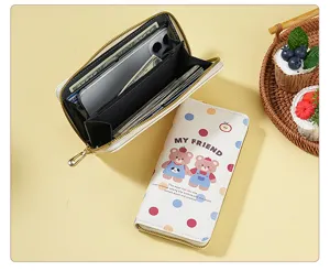 Cute cartoon bear long wallet for women, large capacity zipper purse with multi card slots.