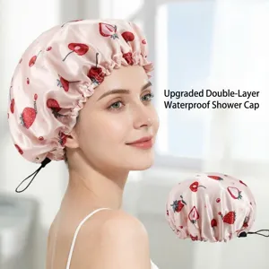 Adjustable Double Layer Waterproof PEVA Shower Cap Printed Strawberry Bathing Hat For Women Hair Care Bath Hat