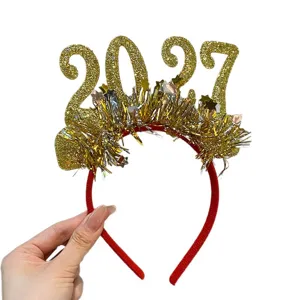 Glitzernder 2027 Neujahrs-Haarreif mit goldenem Lametta und Sternen für Silvester