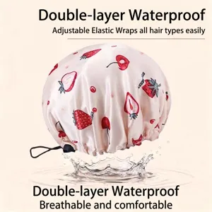 Waterproof double-layer shower cap with cute strawberry print and adjustable elastic cord