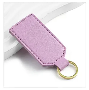 Minimalist PU leather keychain with metal ring, stylish purple square key holder pendant.