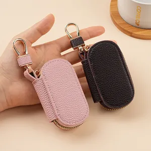 Estuche para Llaves de Cuero PU Patrón Lichi Minimalista Negocios Monedero para Llaves con Cremallera y Gancho Metálico Organizador