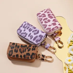 Étui à Clés de Voiture en Cuir PU Imprimé Léopard Porte-Clés à Fermeture Éclair Avec Crochet Métallique Pochette à Clés Portable