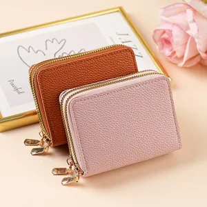 Stylischer doppelter Reißverschluss Litchi Muster kurze Brieftasche Kartenhalter Damen.
