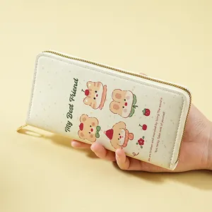 Cute cartoon long wallet for women, large capacity zip-around purse with lovely animal print.