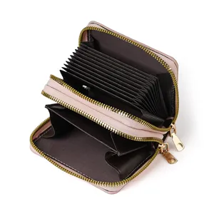 Rosa doppelte Reißverschluss Akkordeon Kartenbrieftasche, kurze Münztasche Kartenhalter.