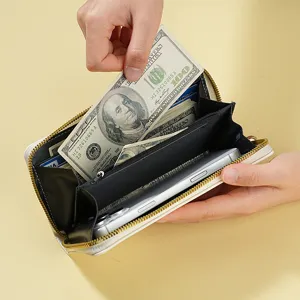 Women long zippered wallet with large capacity card slots phone compartment white PU leather