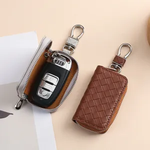 Astuccio per chiavi auto in pelle intrecciata con cerniera e gancio in metallo per uomo e donna