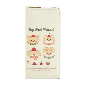 Cute cartoon long wallet for women large capacity PU leather zipper purse with sweet animal design