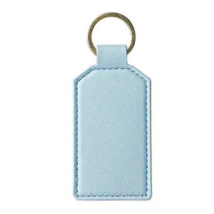 Minimalist light blue PU leather square keychain with metal ring main product view.