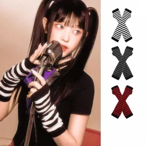 Y2K aesthetic striped knit fingerless arm warmers shown with model and color variants