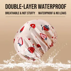 Double-layer waterproof shower cap with cute red strawberry pattern for hair care