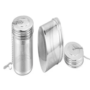 Stainless steel tea infuser mesh filter with chain and lid for loose leaf tea and spices.