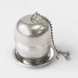 Edelstahl Tee-Ei Filter mit Kette und praktischer Auffangschale für losen Tee und Gewürze.
