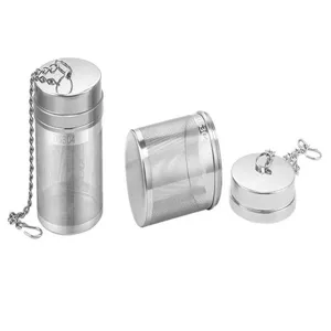 Detailed showcase of the 304 stainless steel tea strainer, featuring fine mesh and chain.