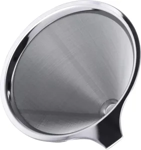 Vista dettagliata del filtro caffè in acciaio inossidabile con maglia fine e forma conica ideale.