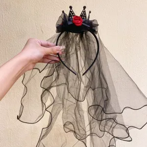 Gothic black mesh veil headband with mini crown and red rose for Halloween costume