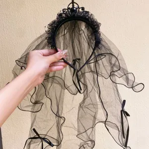 Elegant Gothic black mesh veil headband with crown detail for Halloween parties