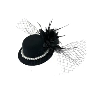 Elegant black vintage mesh fascinator with feathers and pearls for bridal or gala events