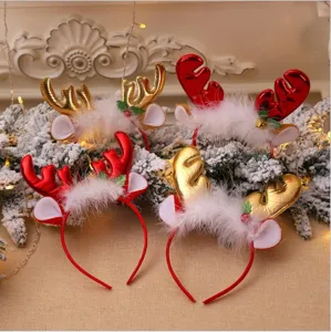Diademas festivas de astas de reno de Navidad con piel blanca y campanas en rojo y oro