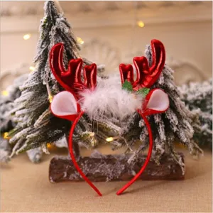Diadema festiva de cuernos de reno rojos con piel sintética blanca para Navidad.