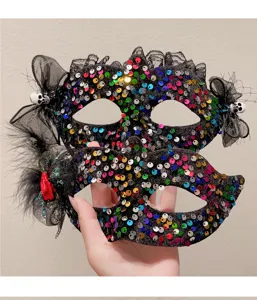 Detailed view of colorful sequin lace masks with skull and feather accents.