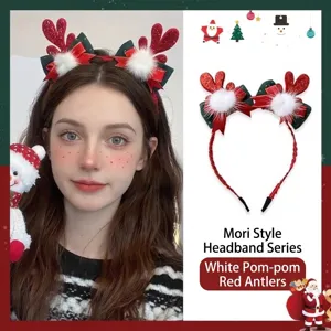 Diadema de Cuernos de Reno Navideña Lentejuelas Lazo con Campanas Bolas de Felpa Fiesta de Navidad Niñas Accesorios para el Cabello