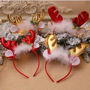 Diademas navideñas de cuernos de reno con piel blanca y cascabeles para fiestas.