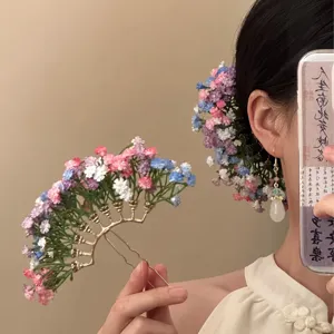 Handmade Alloy Resin Baby's Breath Flower Hairpin Elegant Bridal Wedding Hair Fork Headpiece For Women Party Accessories