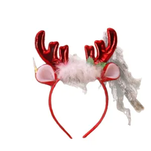 Diadema roja de cuernos de reno de Navidad con ribete blanco esponjoso para fiesta.