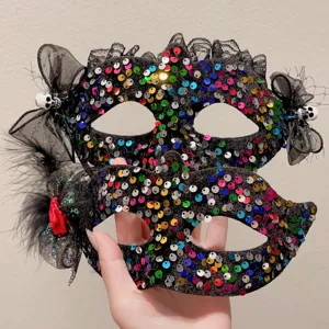 Vibrant sequin lace Halloween masquerade mask with colorful sequins and skull details