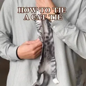 Primer plano de una corbata creativa con estampado de gato y camisa de rayas