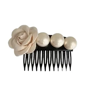 Elegant beige fabric flower and cream pearl hair comb for women's daily hairstyle styling