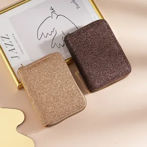 Portefeuille Court en Cuir PU pour Femmes Double Fermeture Éclair Grain Litchi et Paillettes Porte-cartes Porte-monnaie