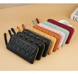 Women long zipper wallet clutch purse with wrist strap stylish quilted design multiple colors