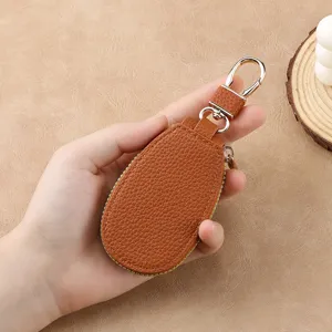 Mini car key case leather key holder minimalist brown zipper key pouch with hook main view