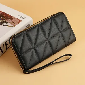Women's Long Quilted PU Leather Wallet Luxury Designer Style Zip Around Clutch Purse With Wrist Strap Card Holder