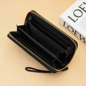 Black long zipper wallet with multiple card slots and wrist strap for women daily use